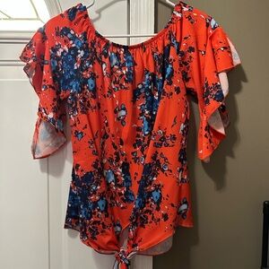 Women's Orange Floral Off-Shoulder Tie-Hem Top